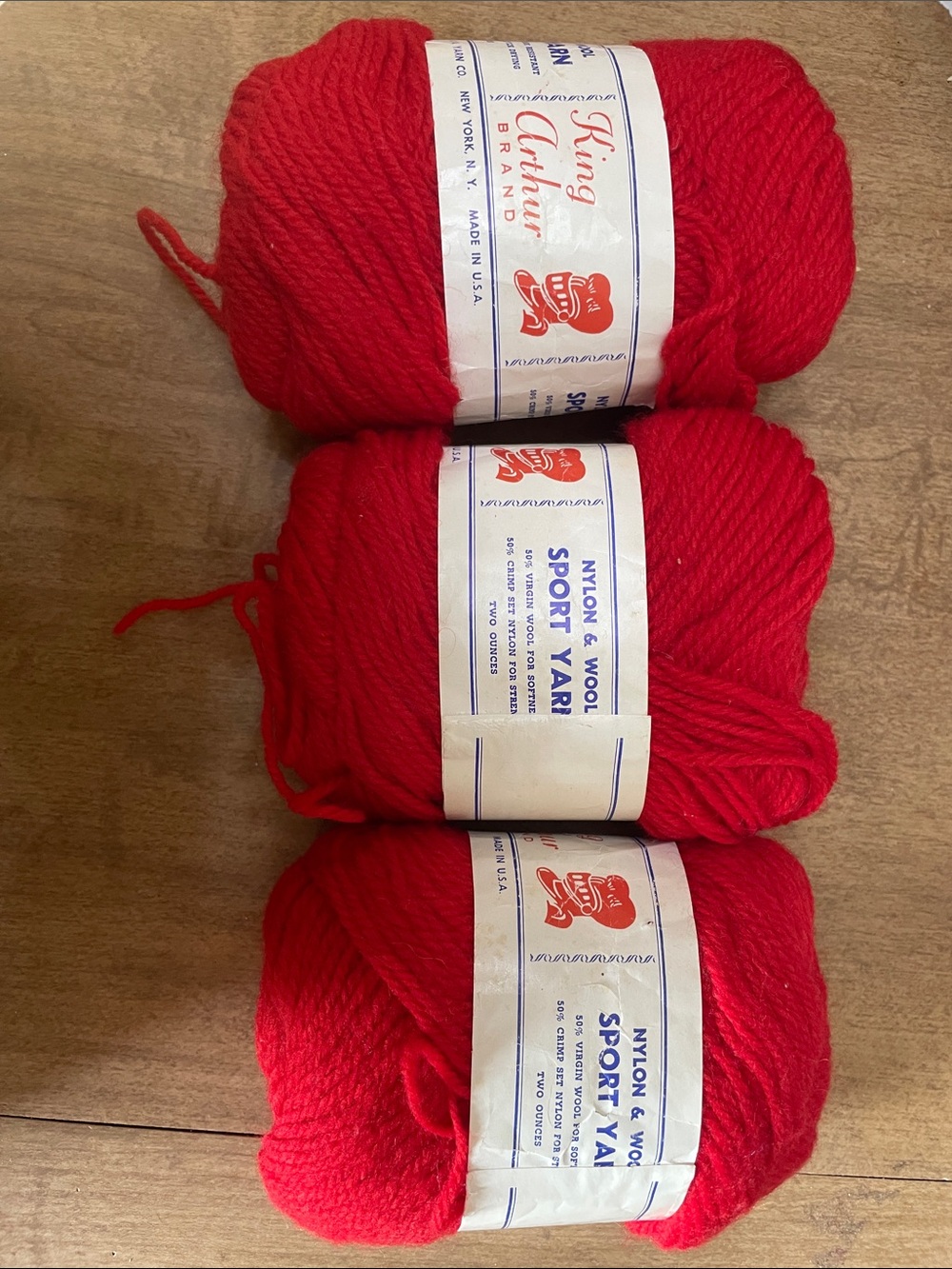 King Arthur Brand Scarlet Nylon And Wool Sport Yarn. Three 2 Ounce Skeins.